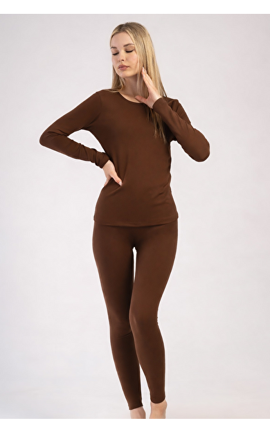 Kadın Bisiklet Yaka Uzun Kollu İçlik Takımı Kahverengi