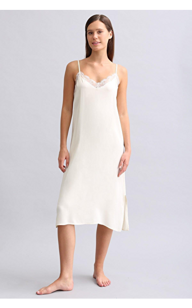 Kadın Dantel Detaylı Saten Gecelik EKRU