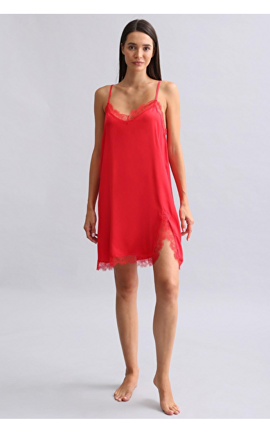 Kadın Dantel Yaka Saten Kısa Gecelik Kırmızı