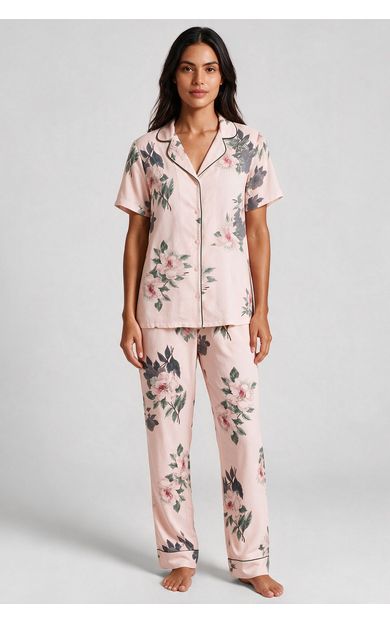 Kadın Dokuma Viscon Gömlek Pijama İkili Takım Pudra