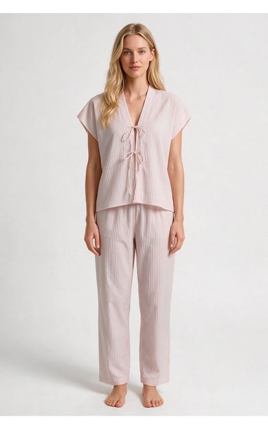 Kadın Ekoseli Pamuk Bağlamalı Gömlek Pijama İkili Takım Açık Pembe