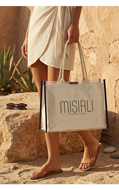 Kadın Kanvas PVS Plaj Çanta Ekru