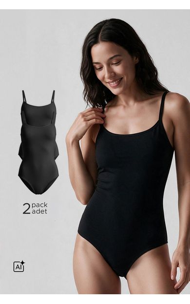 Kadın Pamuklu İkili İnce Askılı Çıtçıtlı Bodysuit Basic Atlet Siyah