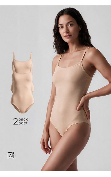 Kadın Pamuklu İkili İnce Askılı Çıtçıtlı Bodysuit Basic Atlet Ten