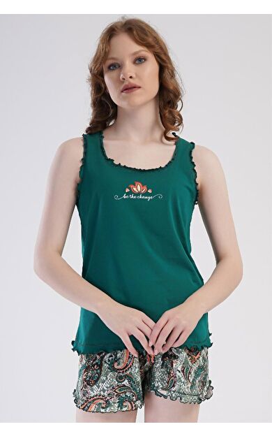 Kadın Pamuklu Kalın Askılı Şortlu Takımı Koyu Yeşil