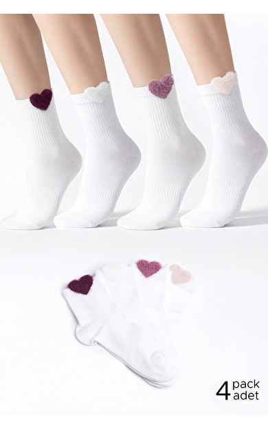 Kadın Pamuklu Kalpli 4 Çift Kısa Konç Çorap Beyaz