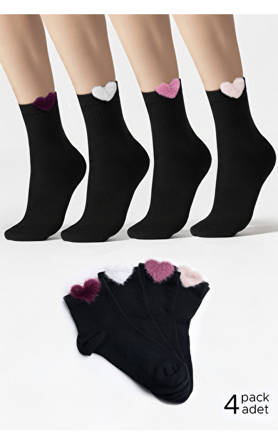 Kadın Pamuklu Kalpli 4 Çift Kısa Konç Çorap Siyah