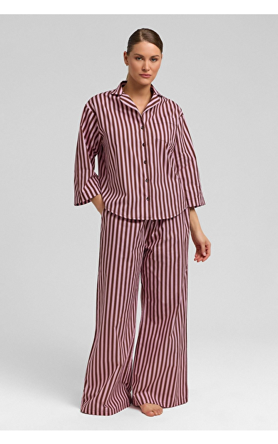 Kadın Pamuklu Poplin Çizgili Gömlek Kahverengi/Pembe
