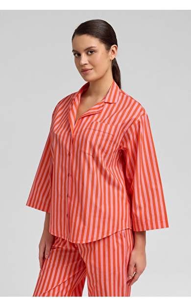 Kadın Pamuklu Poplin Çizgili Gömlek Turuncu-Pembe