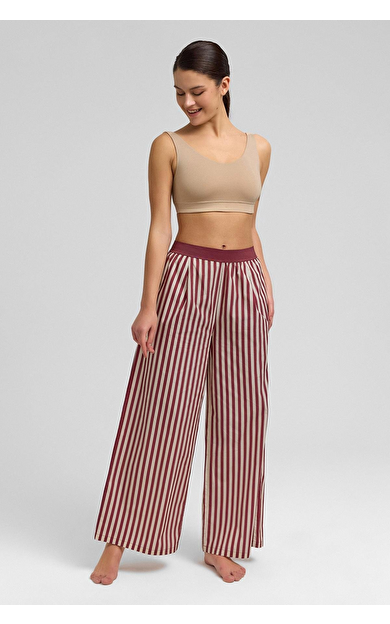 Kadın Pamuklu Poplin Pileli  Pantolon Bordo-Pembe