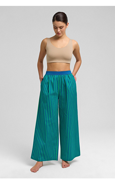 Kadın Pamuklu Poplin Pileli  Pantolon Yeşil/Lacivert