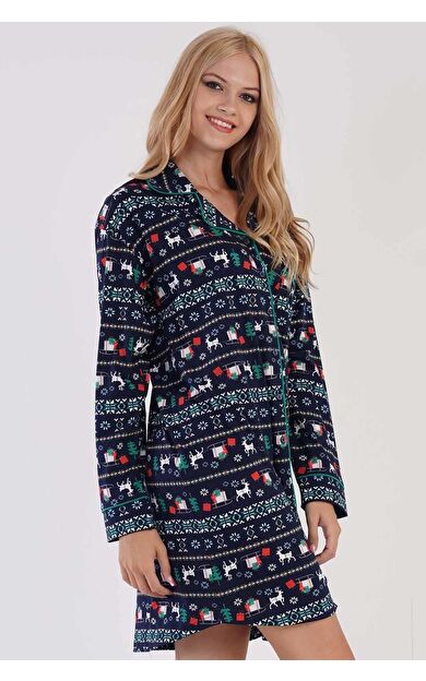 Kadın Pamuklu Uzun Kollu Gömlek Elbise İndigo