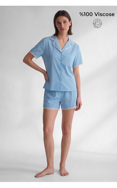 Kadın Viskon Kısa Kol Gömlek Sort Pijama Takım Mavi