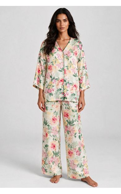 Kadın Viskon Yakasız Gömlek Pijama İkili Takım Çiçek Desenli