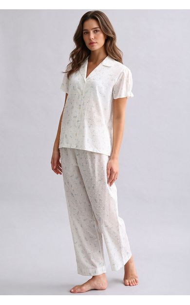 Kadın Vual Gömlek Pijama İkili Takım Beyaz