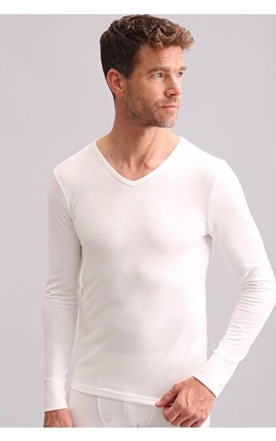 Mısırlı BAMBU TERMAL V Yaka Uzun Kollu Fanila / Sweatshirt Ekru