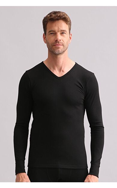 Mısırlı BAMBU TERMAL V Yaka Uzun Kollu Fanila / Sweatshirt Siyah