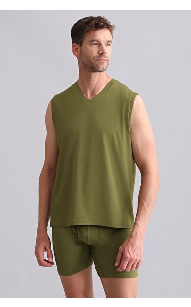 Mısırlı BAMBU ZEUS Regular Fit V Yaka Sporcu Atlet / T-Shirt Haki Yeşil