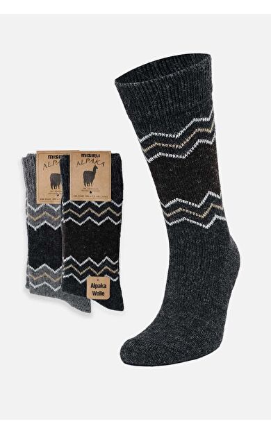 Mısırlı Erkek Alpaka Yünü Kışlık 2 Çift Soket Çorap Gri/Antrasit