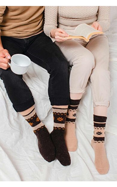 Mısırlı Erkek Alpaka Yünü Kışlık 2 Çift Soket Çorap Bej/Kahverengi