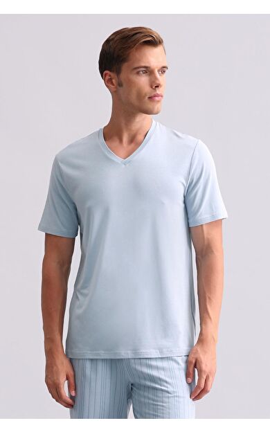 Mısırlı Erkek Bambu V Yaka Tişört Mavi