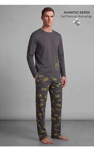Mısırlı Erkek Bisiklet Yaka Baskılı Pijama Takımı Antrasit
