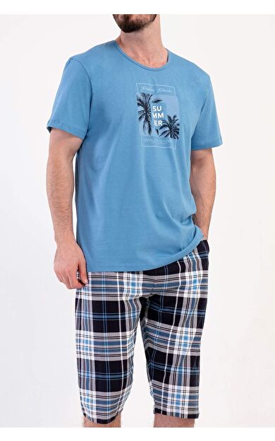 Mısırlı Erkek Desenli Kısa Kollu Kapri Takım Mavi