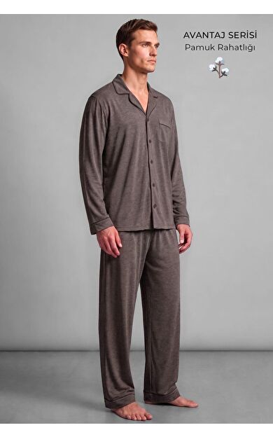 Mısırlı Erkek Gömlek Yaka Biye Detaylı Pijama Takım Kahverengi Melanj