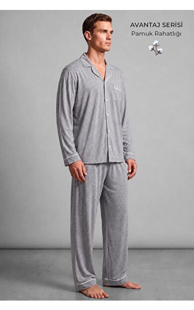 Mısırlı Erkek Gömlek Yaka Biye Detaylı Pijama Takım Gri Melanj