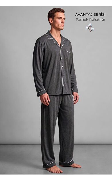 Mısırlı Erkek Gömlek Yaka Biye Detaylı Pijama Takım Antrasit Melanj