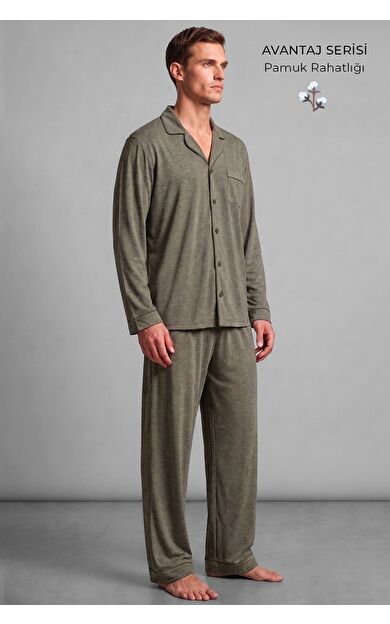Mısırlı Erkek Gömlek Yaka Biye Detaylı Pijama Takım Haki Melanj