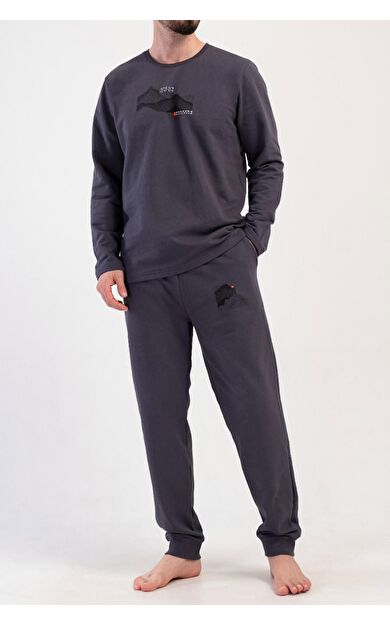 Mısırlı Erkek İki İplik Bisiklet Yaka Uzun Kollu Pijama Takımı Lacivert