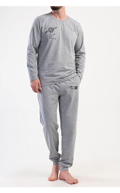 Mısırlı Erkek İki İplik Bisiklet Yaka Uzun Kollu Pijama Takımı Gri Melanj