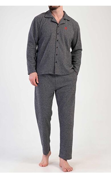 Mısırlı Erkek İnerlok Mikro Desenli Uzun Kollu Gömlek Pijama Takımı Siyah