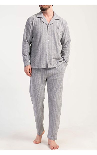 Mısırlı Erkek İnterlok Çizgili Uzun Kollu Gömlek Pijama Takımı Açık Gri