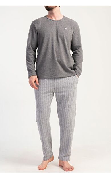Mısırlı Erkek İnterlok Çizgili Uzun Kollu Pijama Takımı Gri