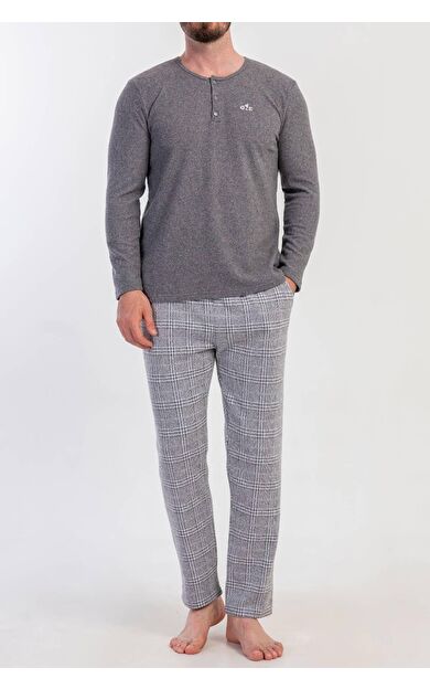Mısırlı Erkek İnterlok Ekose Desenli Uzun Kollu Pijama Takımı Gri