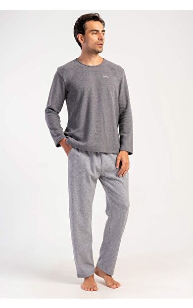 Mısırlı Erkek İnterlok Mikro Desenli Uzun Kollu Pijama Takımı Gri