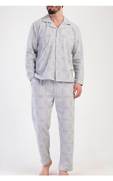 Mısırlı Erkek İnterlok Uzun Kollu Gömlek Pijama Takımı Açık Gri