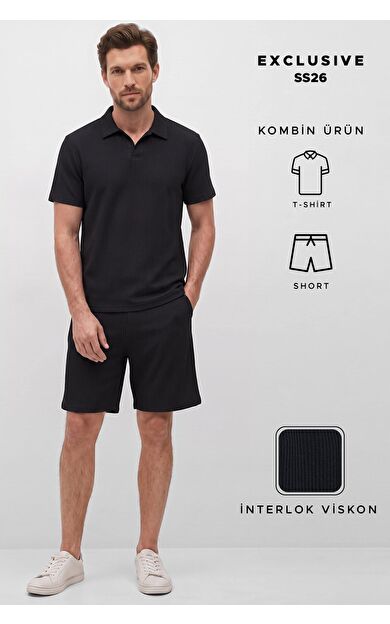 Mısırlı Erkek Jakarlı İnterlok Regular Fit Polo Tshirt Sort Takım Siyah