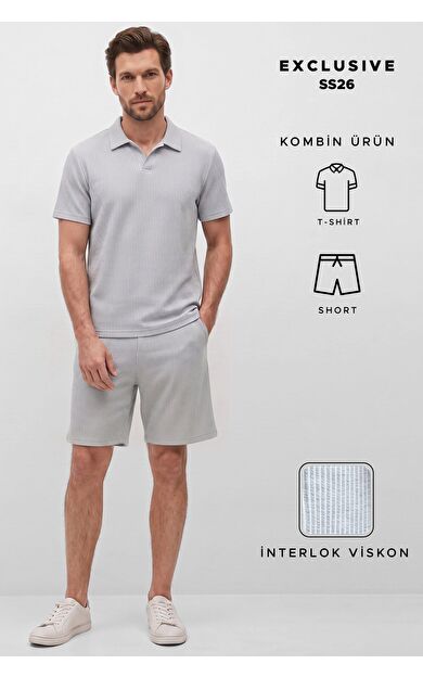 Mısırlı Erkek Jakarlı İnterlok Regular Fit Polo Tshirt Sort Takım Gri