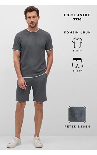 Mısırlı Erkek Jakarlı İnterlok Slim Fit Tshirt Sort Takım Antrasit