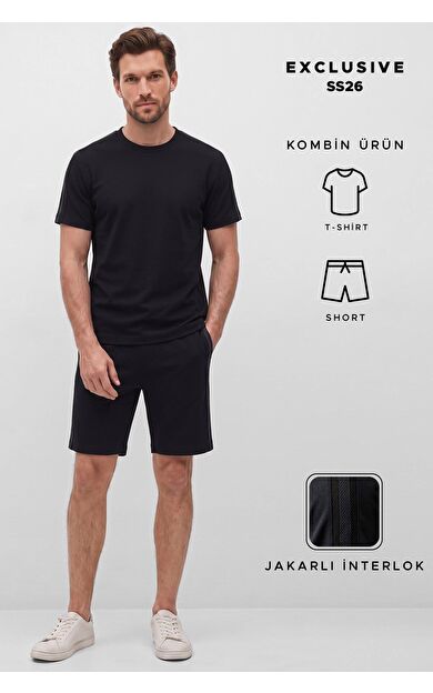 Mısırlı Erkek Jakarlı İnterlok Tiktak Detaylı Tshirt Sort Takım Siyah