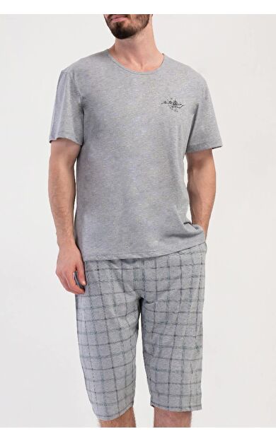 Mısırlı Erkek Kareli Kısa Kollu Kapri Takım Gri Melanj