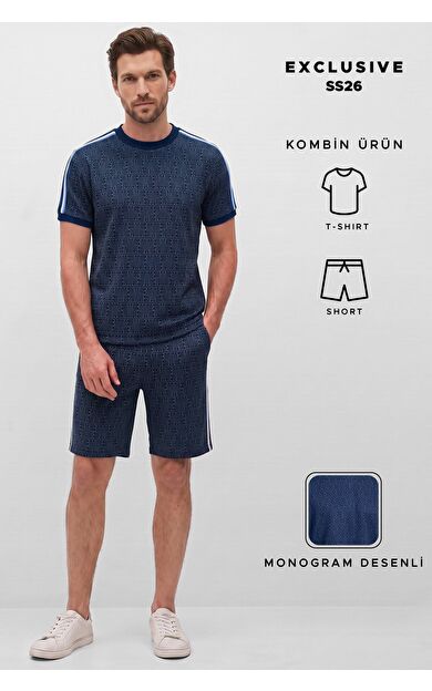 Mısırlı Erkek Monogram Desenli Slim Fit Tshirt Sort Takım Lacivert