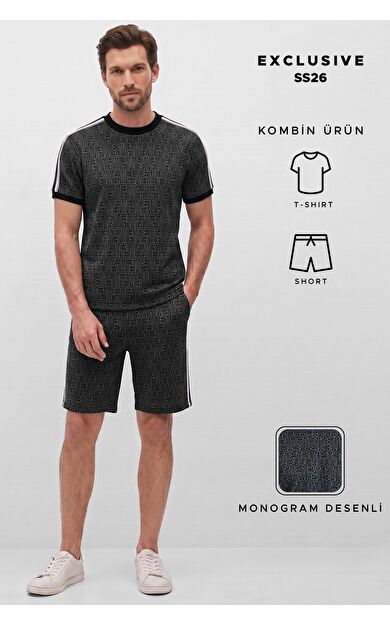 Mısırlı Erkek Monogram Desenli Slim Fit Tshirt Sort Takım Siyah