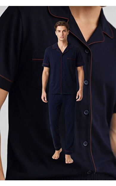 Mısırlı Erkek Pamuk Biye Detaylı Gömlek Pijama Takım Lacivert