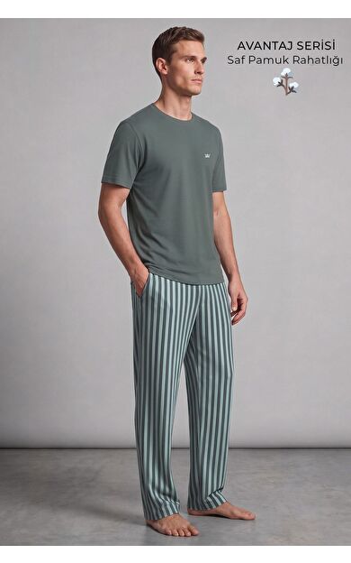 Mısırlı Erkek Pamuk Çizgili Pijama Takım Haki-Mint