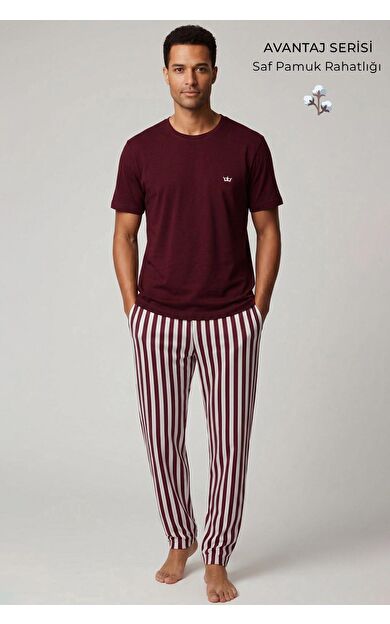 Mısırlı Erkek Pamuk Çizgili Pijama Takım Bordo