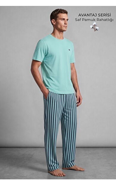 Mısırlı Erkek Pamuk Çizgili Pijama Takım Pastel Turkuaz